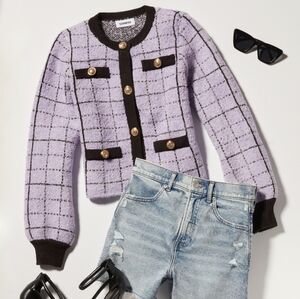 Express Lavender Checkered Cardigan with Gold Accents Xs